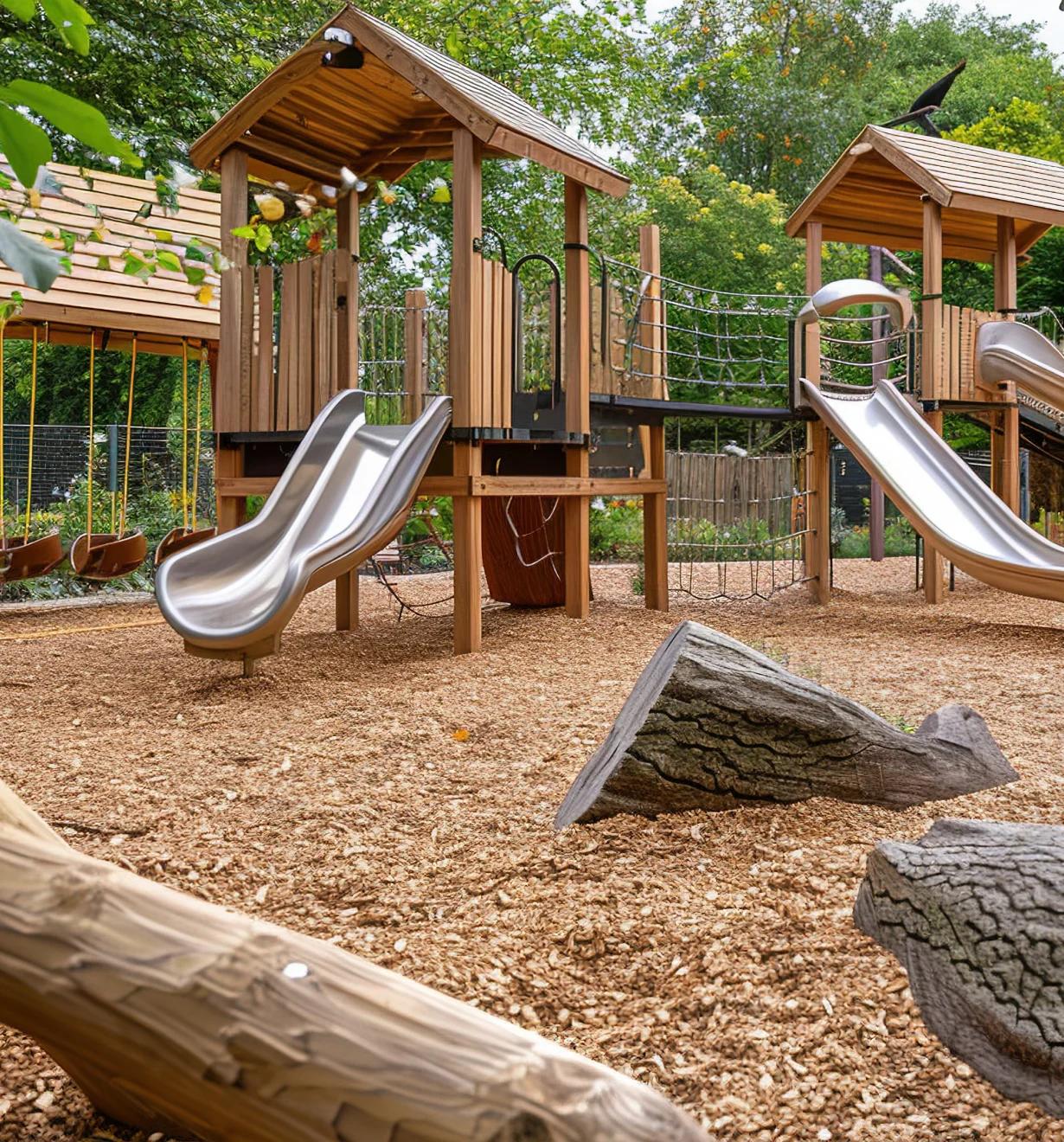Wooden play towers with metal slides and log balance pieces on a wood-chip playground