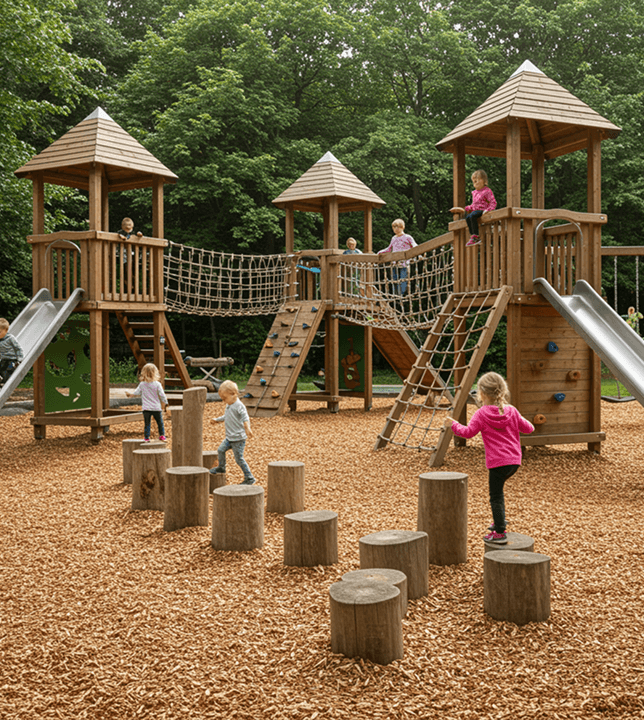 Children playing on wooden towers with rope bridges, slides and stump steps on wood chips